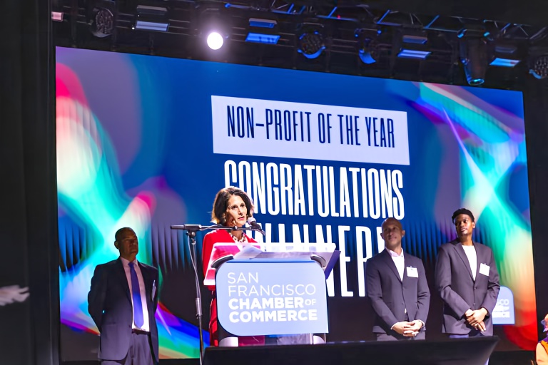 Sharon Miller accepting the Non-Profit of the Year Award at the 2024 Ebbie Awards